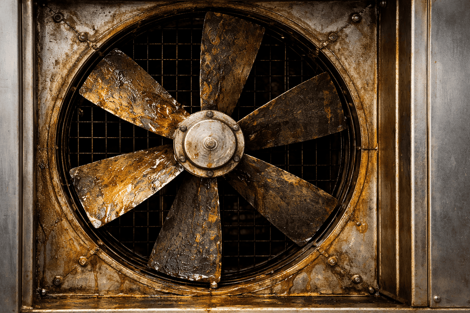 Ventilador industrial sucio y cubierto de grasa Ventilador industrial sucio y cubierto de grasa